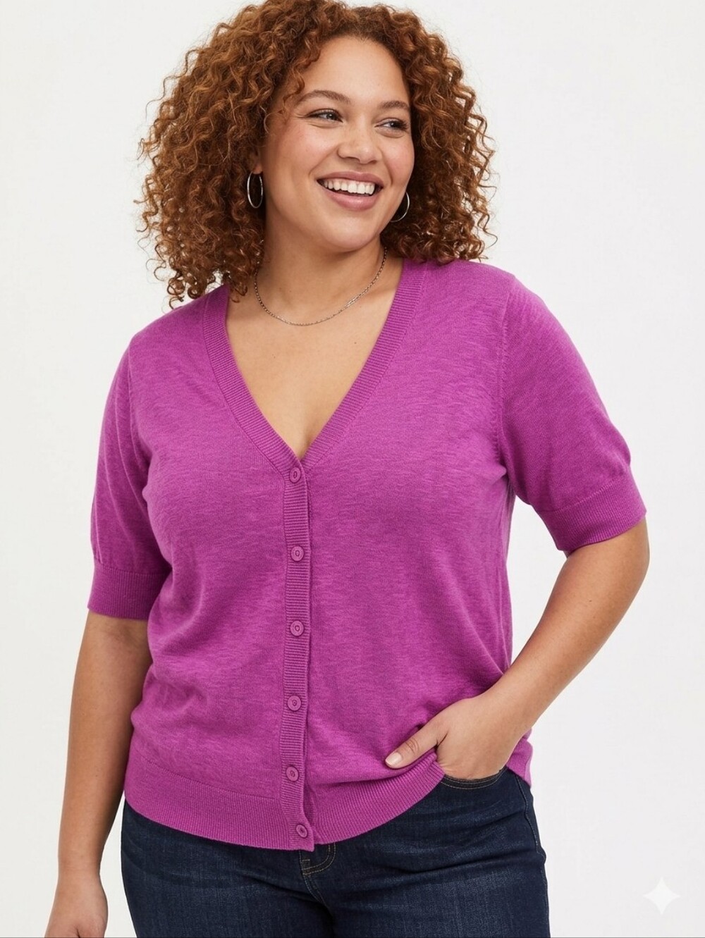 Woman Within Vibrant Magenta Knit Cardigan